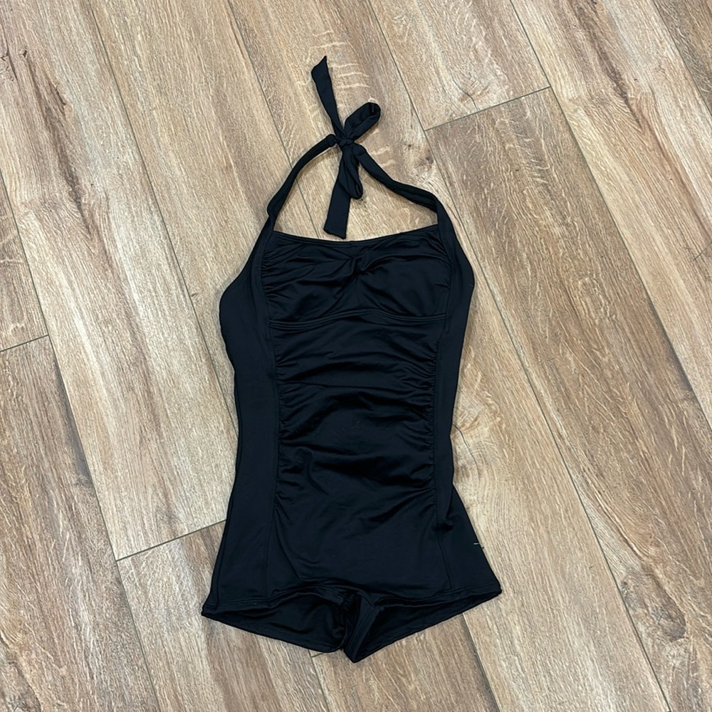 Retro ruched halter modest one piece swimsuit black Amazon boy short cut but leg